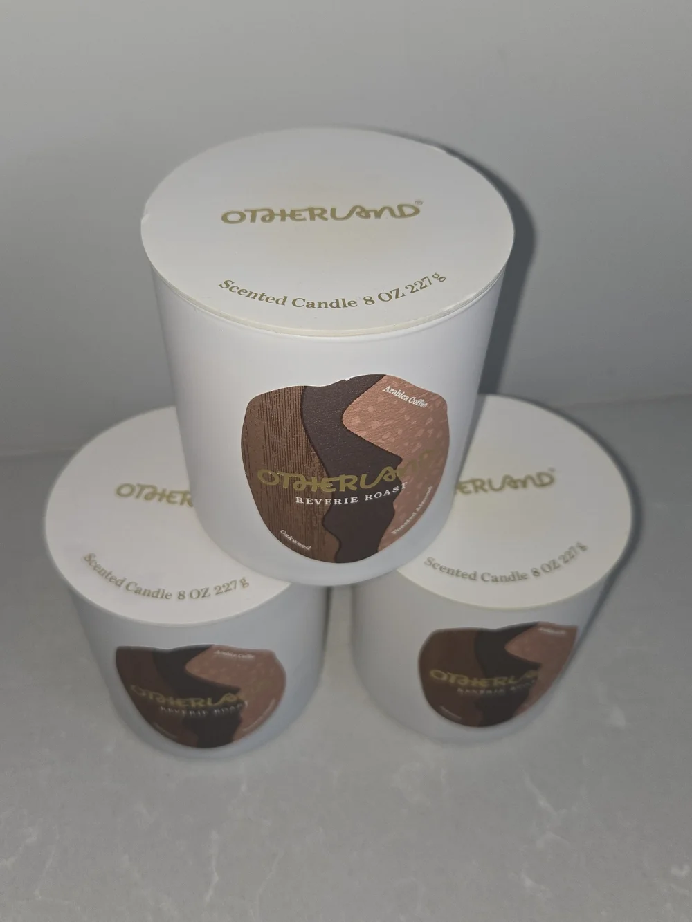 Three (3) Otherland 8 oz Scented Candles Reverie Roast Coffee Oak Toasted Almond